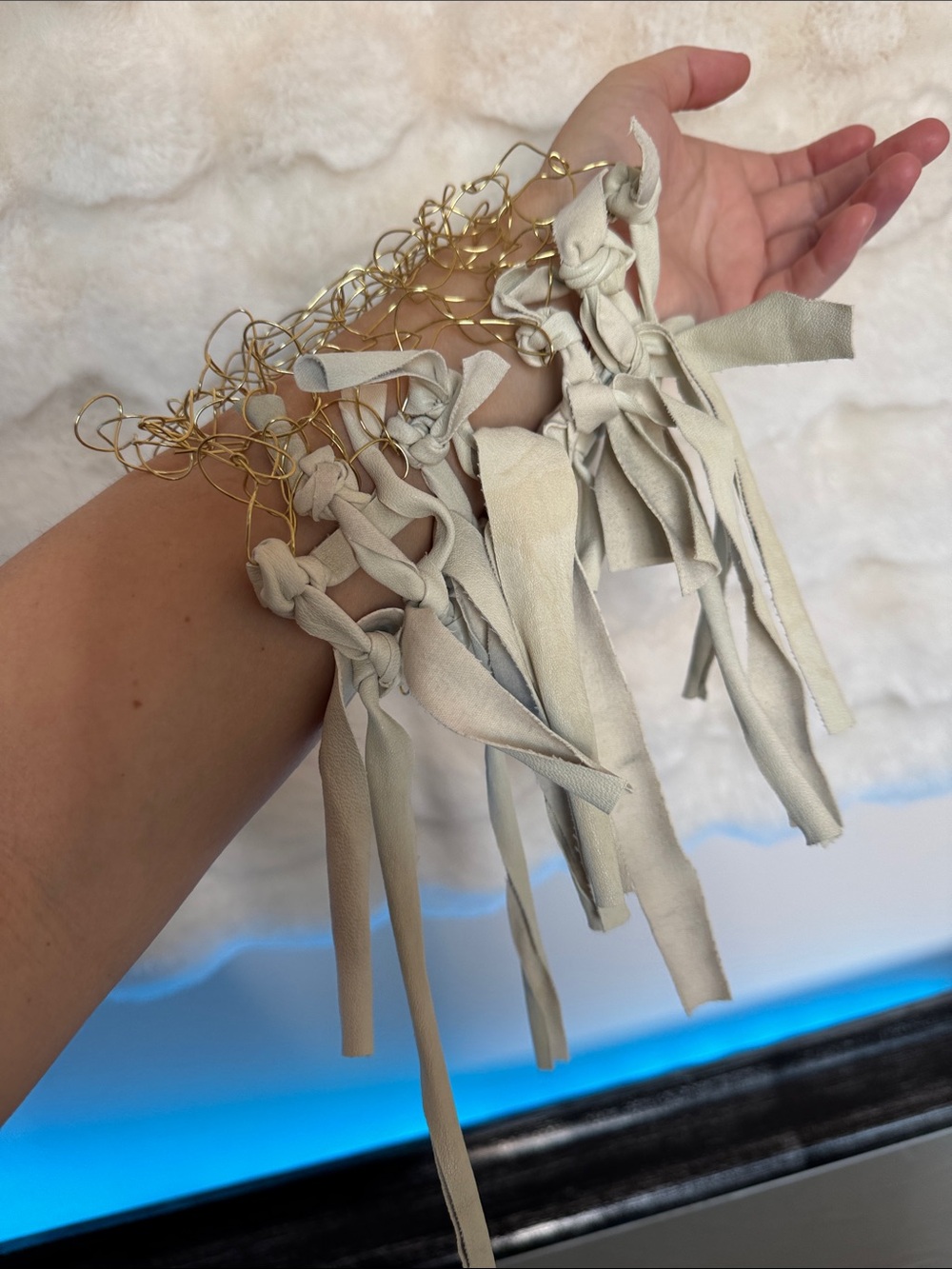 Gold  toned brass Wire Fringe Bracelet with Cream leather Tassel Accents - Picture 3 of 10